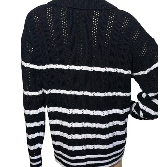 Talbots Women’s Large Johnny Collar Sweater Nautical Navy White Stripe - Picture 2 of 8